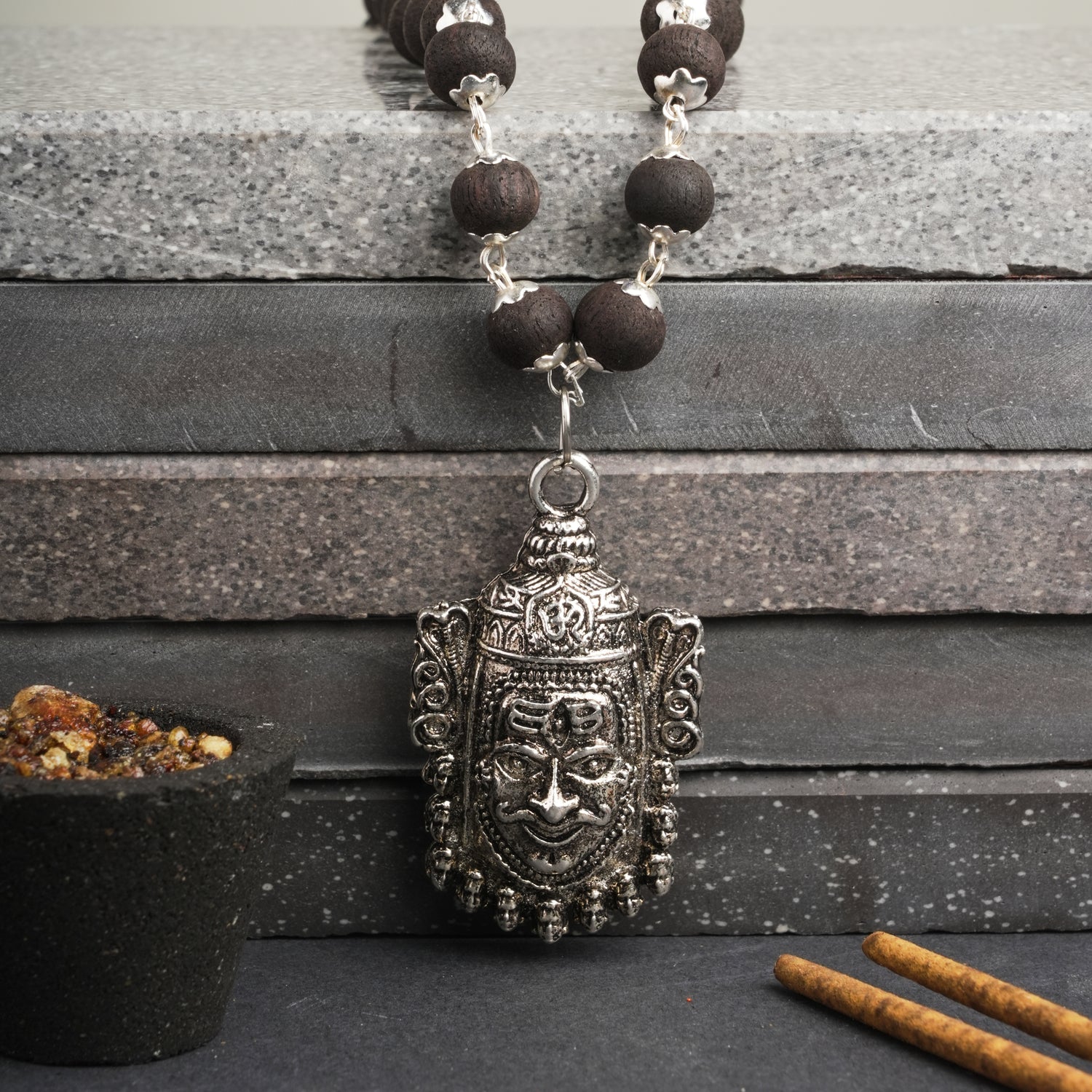 Mahakal Pendent Silver plated Karungali Mala - with Govt. Certified