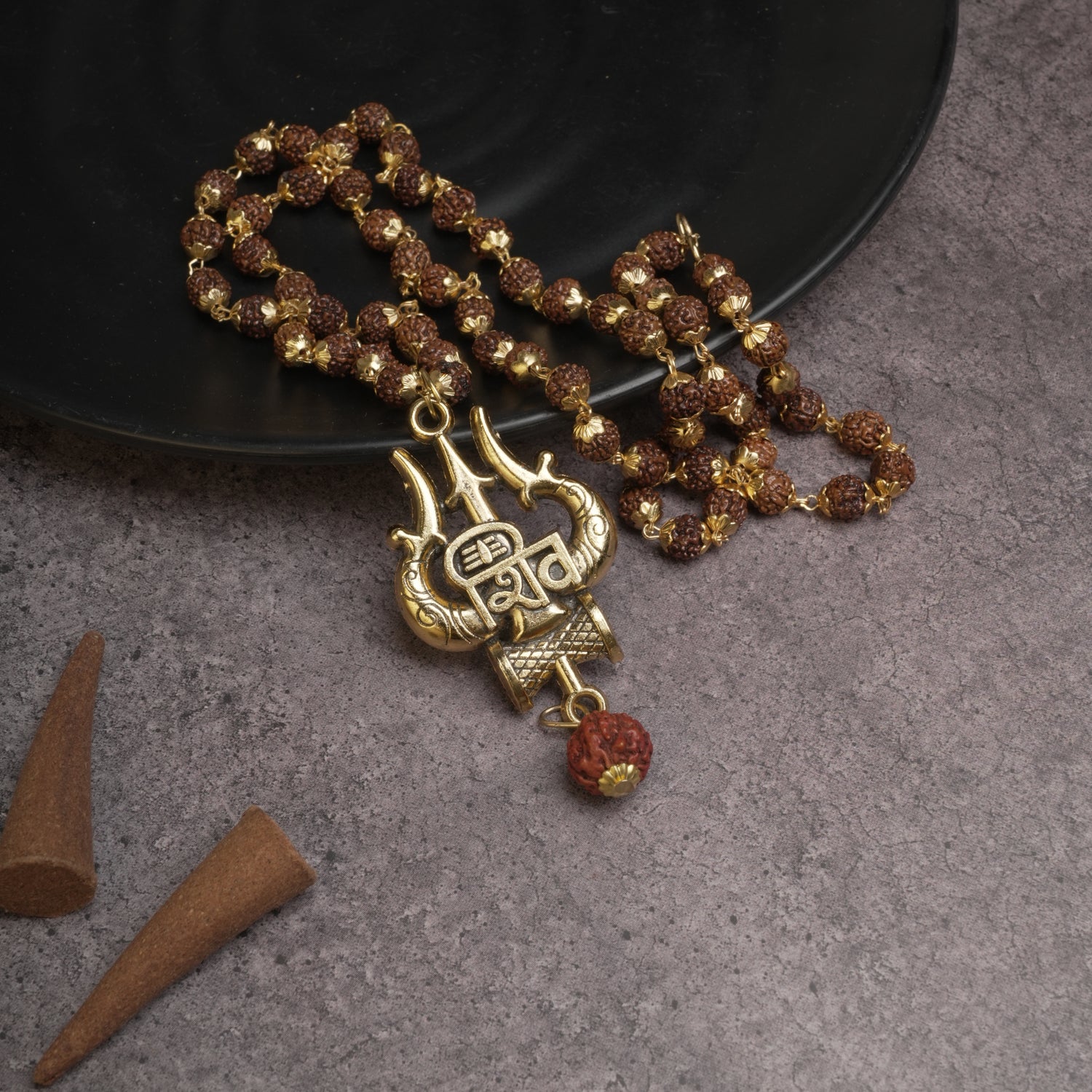 Gold Plated Shiva Trishool Rudraksha Mala