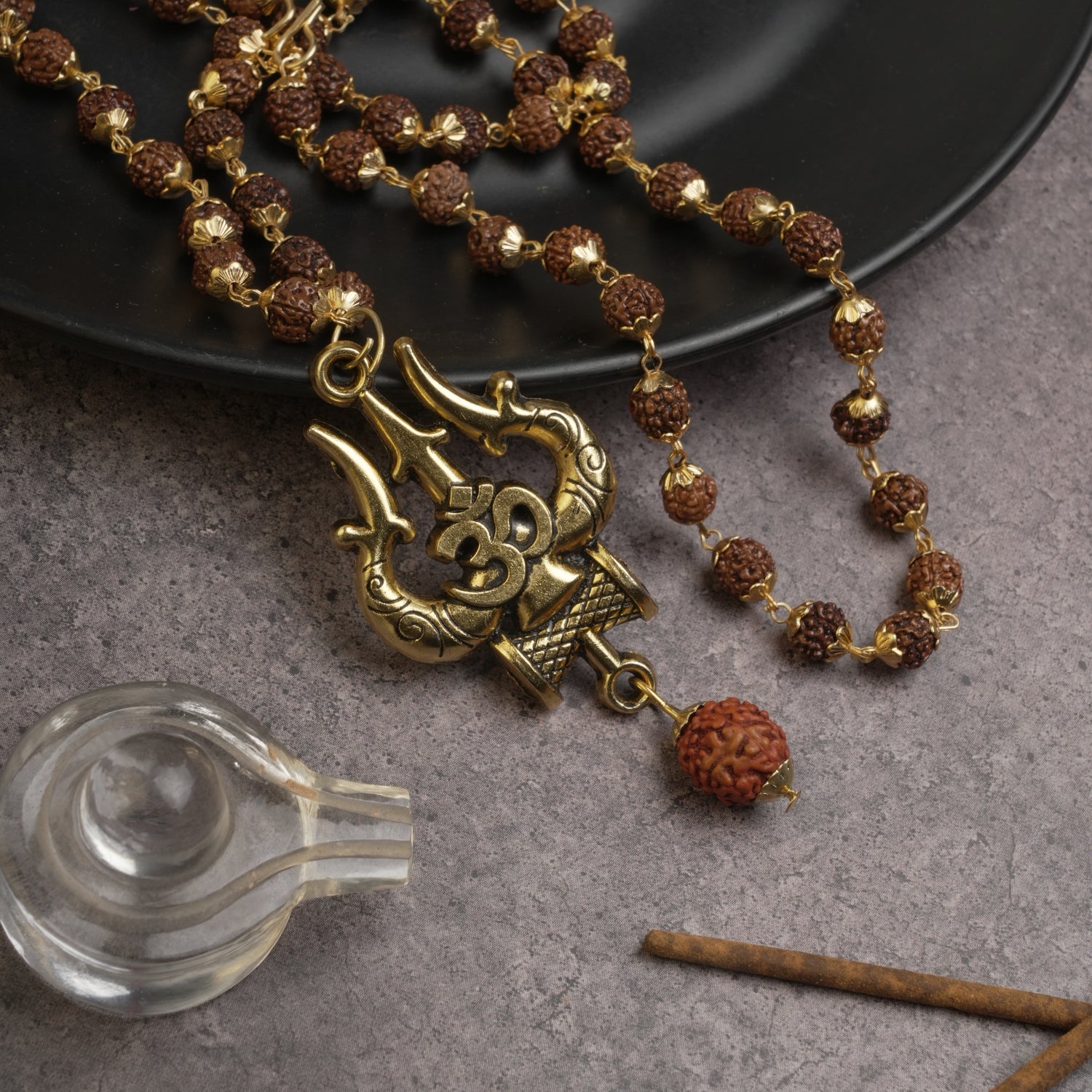 Gold Plated OM Trishool Rudraksha Mala