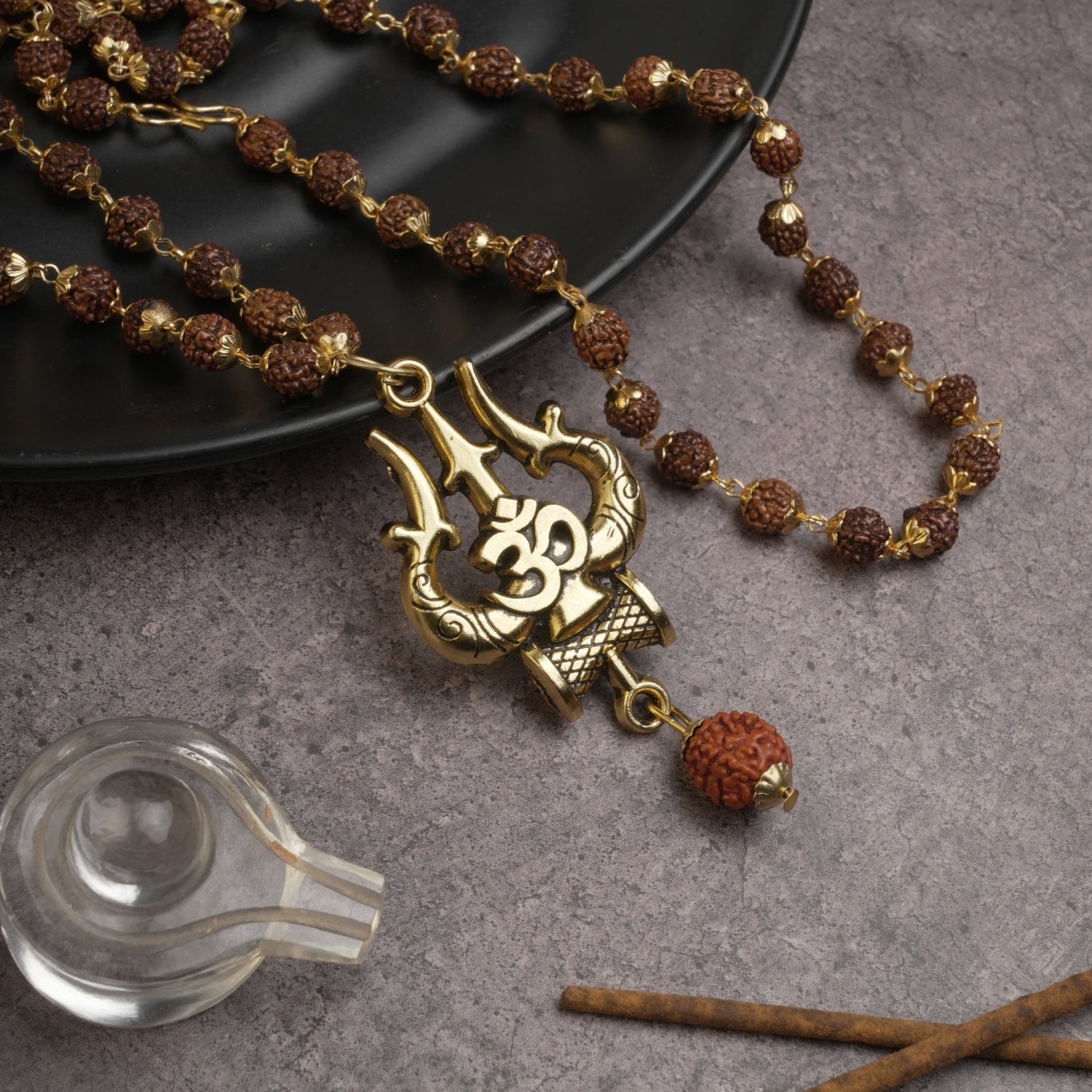 Gold Plated OM Trishool Rudraksha Mala