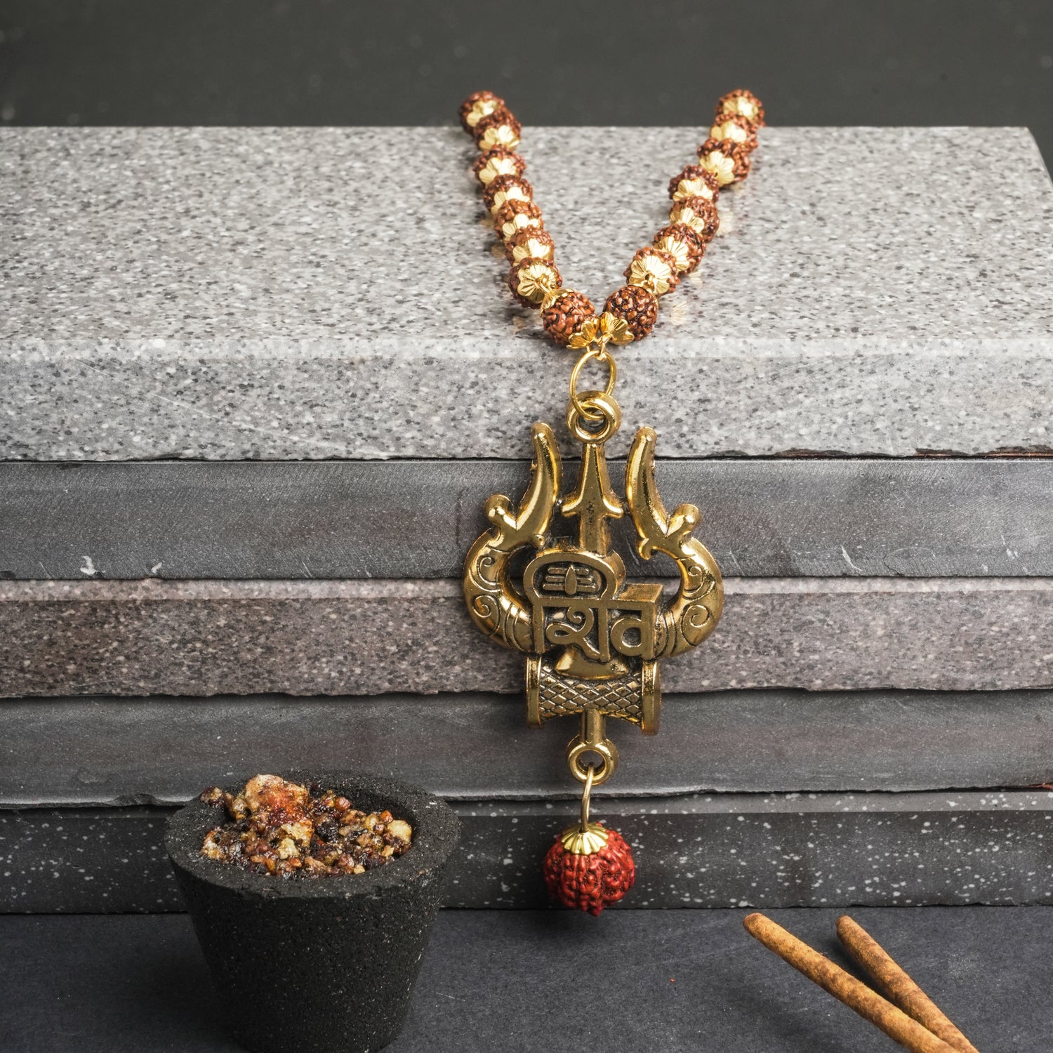 Gold Plated Shiva Trishool Rudraksha Mala